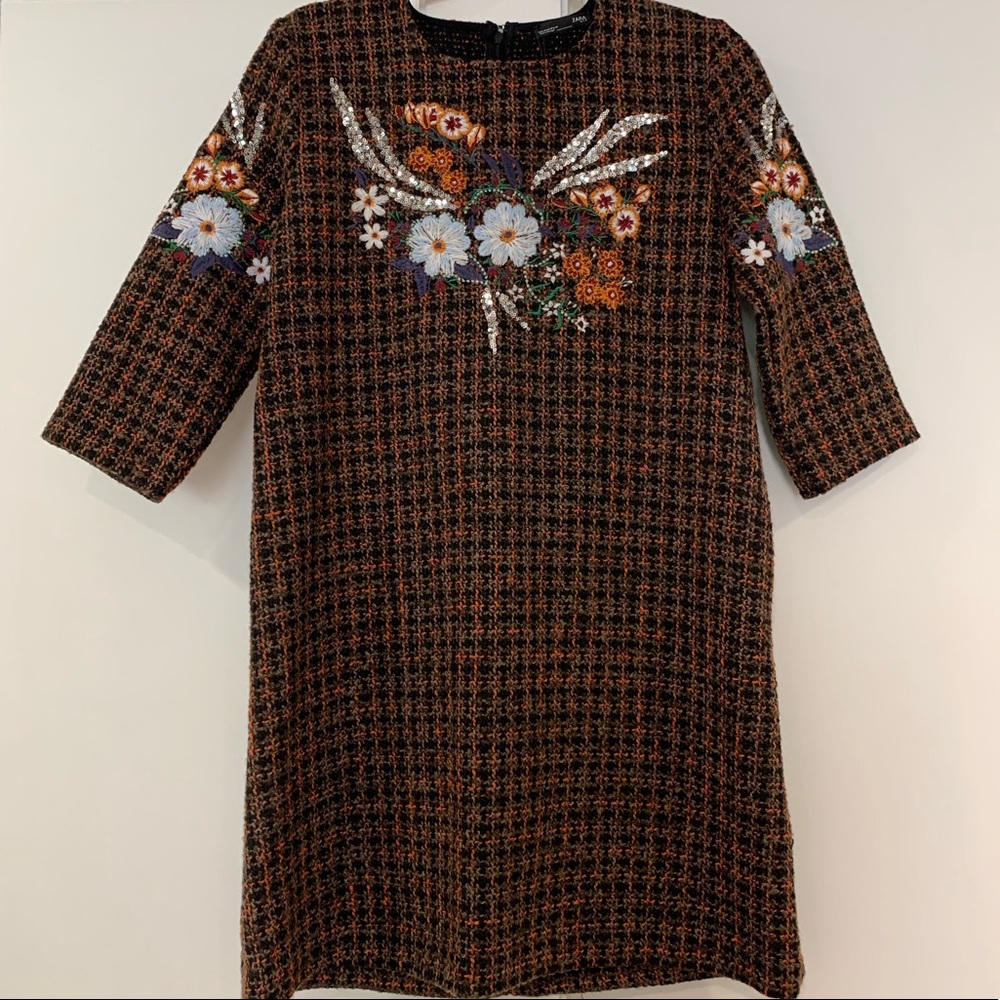 Zara NWT Tweed Embroidered Dress